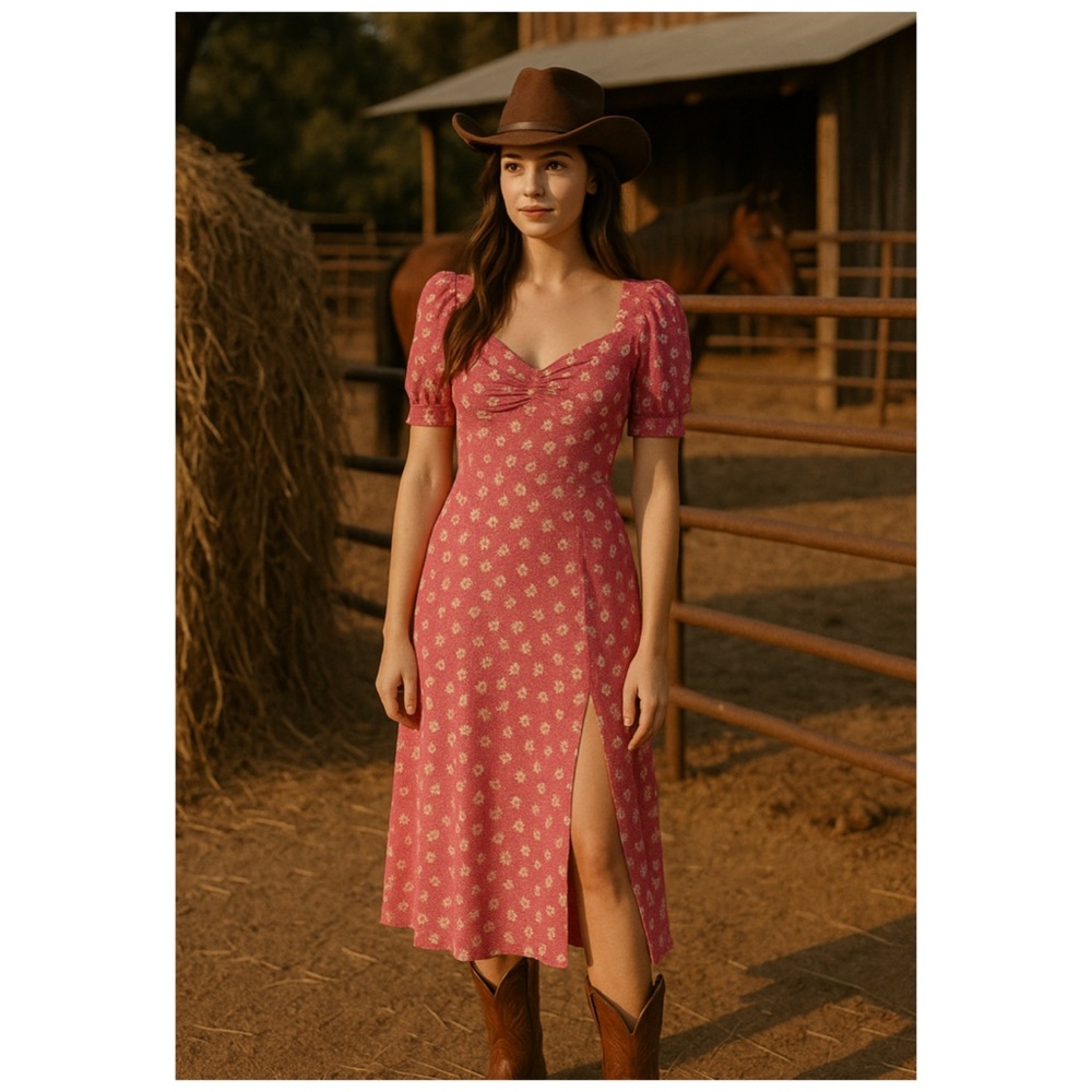 WAYF x Anthropologie Pink Daisy Puff Sleeve Midi Dress L | Spring Wedding Guest - Picture 4 of 13